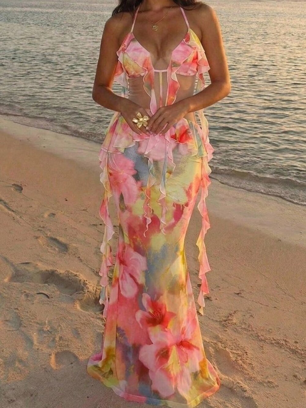 Watermelon Pink Sexy Boho Women's Backless Ruffle Halter Beach Dress